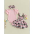 thumbnail image 2 of vera natura Baby Girls Summer Rib Knit Short Sleeve Rompers Plaid Suspender Skirts Headband 3Pcs Clothes Set, 2 of 9
