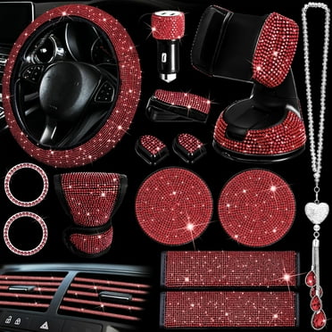 30 Pieces Bling Car Accessories Set for Women, Bling Steering Wheel Covers Universal Fit 15 Inch, Seat Belt Cover, Bling Car Phone Holder Mount, Bling Car Cup Coaster for Women Cute Car(Red)