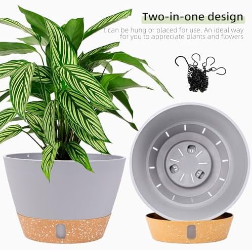 2 Pack Hanging Planters for Indoor Outdoor Plants, 8 Inch Hanging Baskets Flower Pots with Reservoir Tray & Visible Water-Level Light Grey,8 inch