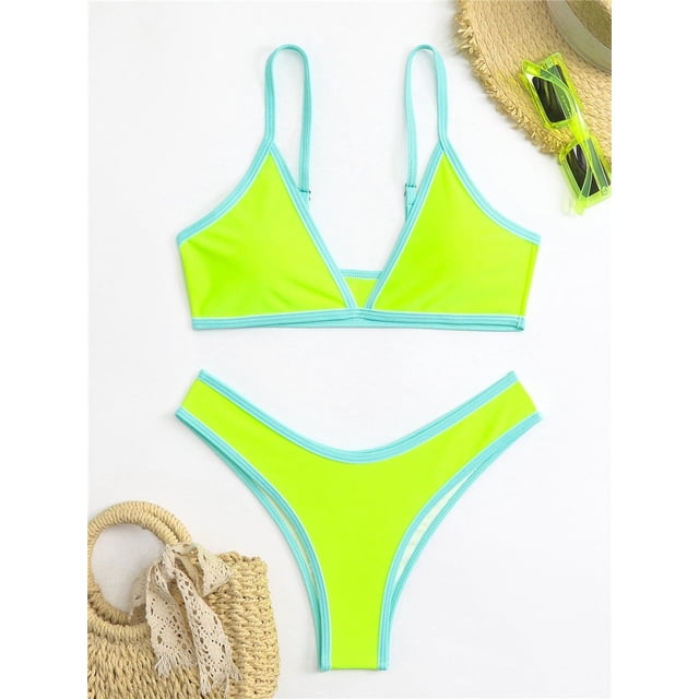 Conjunto de Bikini pequeño con realce para mujer, traje de baño pequeño con Tanga, Color contrastante, estilo brasileño, 2024