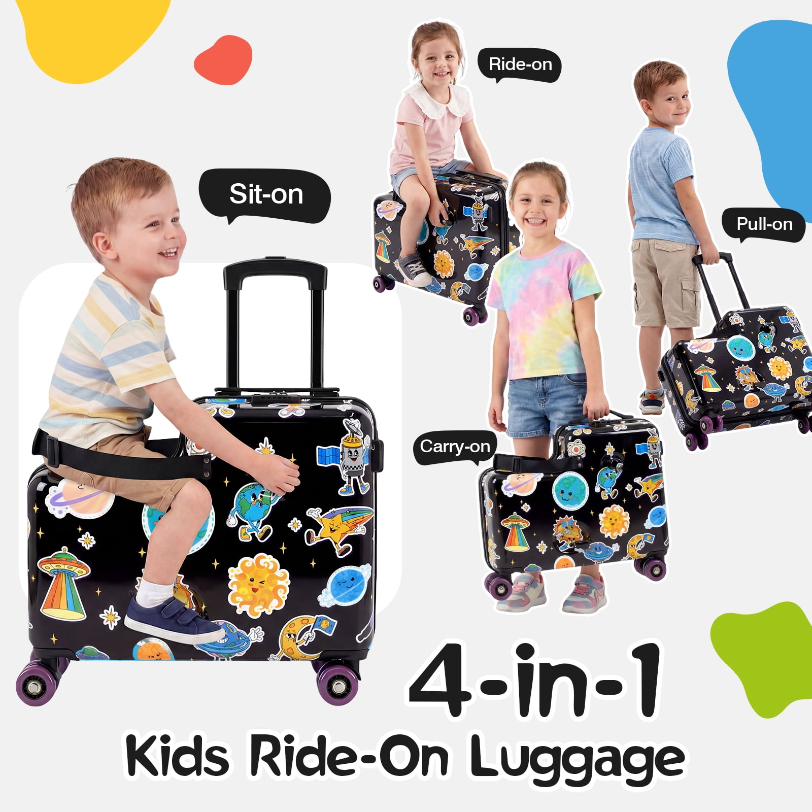 Advwin Kids Ride-On Luggage with Safety Belt, TSA Lock & Footrest, Hardside Spinner Travel Suitcase for Children, Black Space Theme