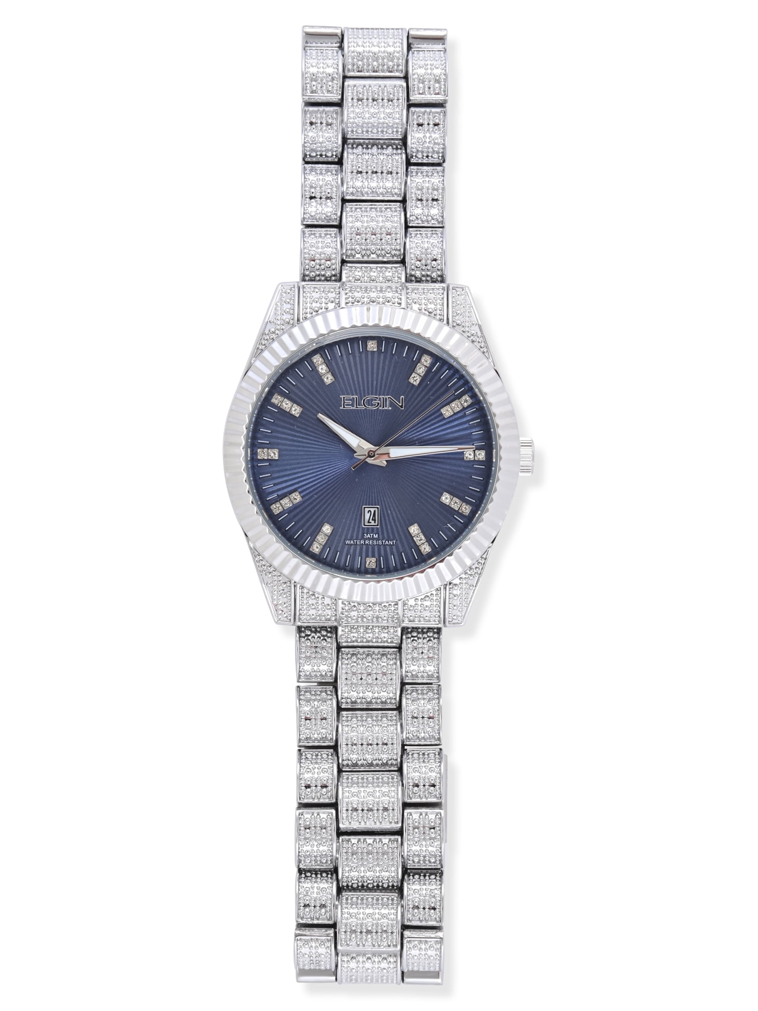 Elgin Adult Men's Silver and Crsytal Round Case Watch with Blue Dial. (FG180038)