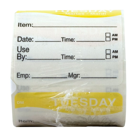 DayMark Day of the Week 2" x 2" Dissolvable Label, Tuesday, Item/Date/Use By, (Roll of 250)