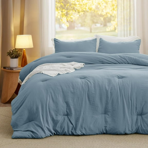 Queen Size Comforter Set, Grayish Blue Soft Prewashed Bedding for All Seasons