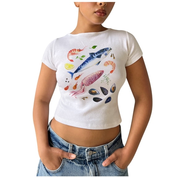 DHFJKG Crop Tops For Women Graphic Tee Ocean Animals Printed Crewneck Sexy Slim Fit T Shirt Summer Casual Going Out Versatile Top