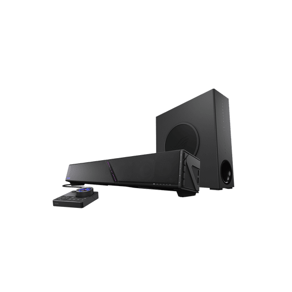 ASUS ROG Gjallar Gaming Soundbar, 2.1.2 Dolby Atmos Surround Sound, 6.5-Inch 65W 5GHz Wireless Subwoofer, LCD Audio Control Hub, Built-In AEC Microphones, HDMI 2.1 eARC, USB-C, Bluetooth 5.3