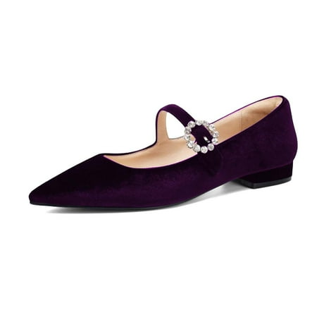 XYD Women Classic Pointed Close Toe Flats with Rhinestone Buckle Strap Low Heel Mary Jane Velvet Daily Shoes Size 4.5 Purple