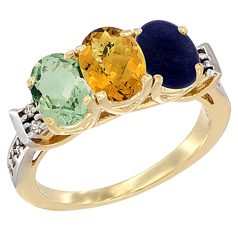 10K Yellow Gold Natural Green Amethyst, Whisky Quartz & Lapis Ring 3-Stone Oval 7x5 mm Diamond Accent, sizes 5 10 by WorldJewels