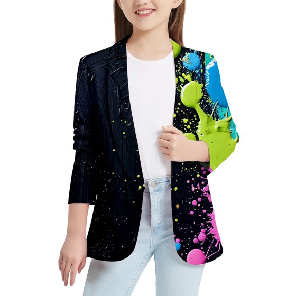 Byoo Little Girls Neon Paint Splatter Blazers Jacket Open Front Long Sleeve Soft Blazer Coat Bold Bubble Dot Daily Casual Blazer Tops