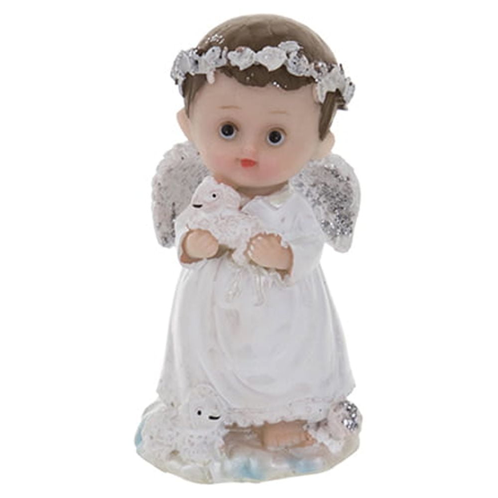 Mega Favors Keepsake Figurine 4” Baptism Baby Boy Poly-Resin Angel Holding Lamb, “Set of” 12