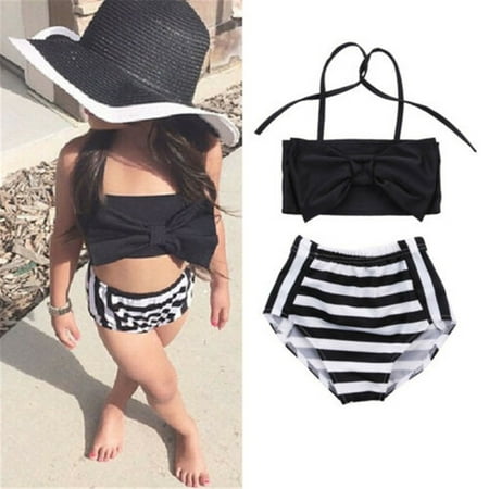 

Qtinghua 2Pcs Summer Toddler Baby Girls Spaghetti Straps Bowtie Stripe Pants Swimsuit Sunsuit Bathing Suit Black 2-3 Years