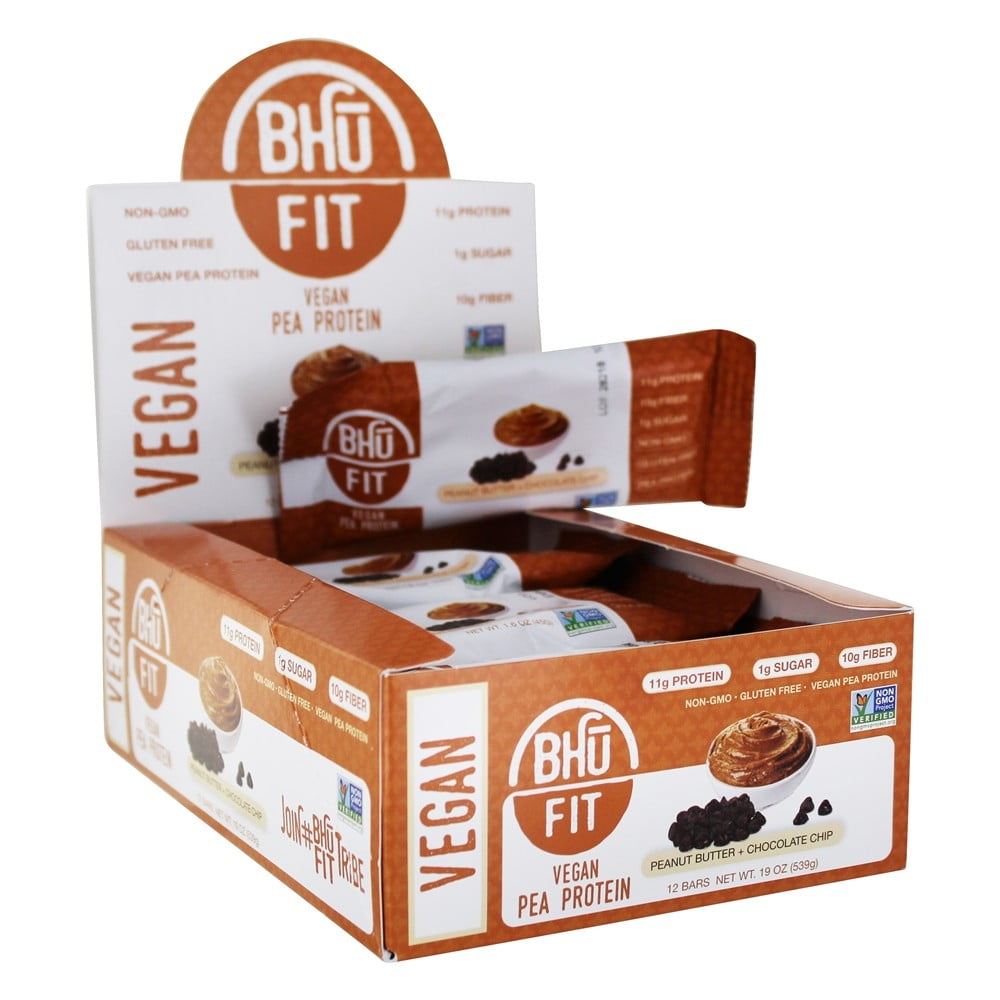 Bhu Fit Vegan Protein Bar, Peanut Butter + Chocolate Chip, 11g Protein