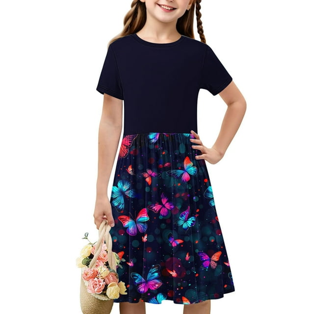 Été jusqu'à 65 % de Rabais Iumwxz Robes Plissées Confortables Extensibles à Empiècements Ligne A Robe Col Rond Imprimé Tendance Manches Courtes pour Enfants Robe Confortable pour Voyage 4-14 Ans