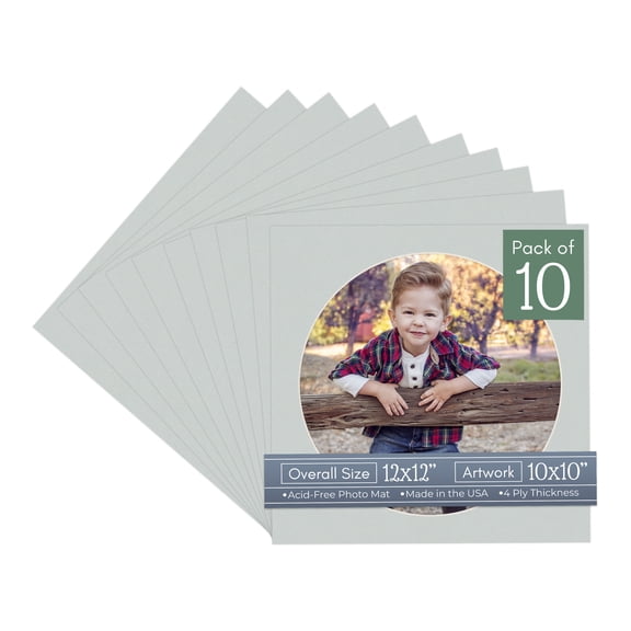 Gray Picture Frame Mat for 12x12 Frames - Circle Opening for 10x10 Photos - 10 Mats