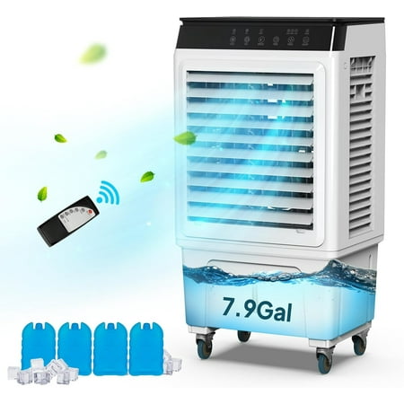 

2300CFM Portable Air Cooler 7.9Gal/30L Evaporative Swamp Cooler 3-IN-1 Cooling Fan with Remote Control 3 Speeds 12H Timer & 4 Ice Box Humidifying Oscillating Fan for Indoor or Outdoor