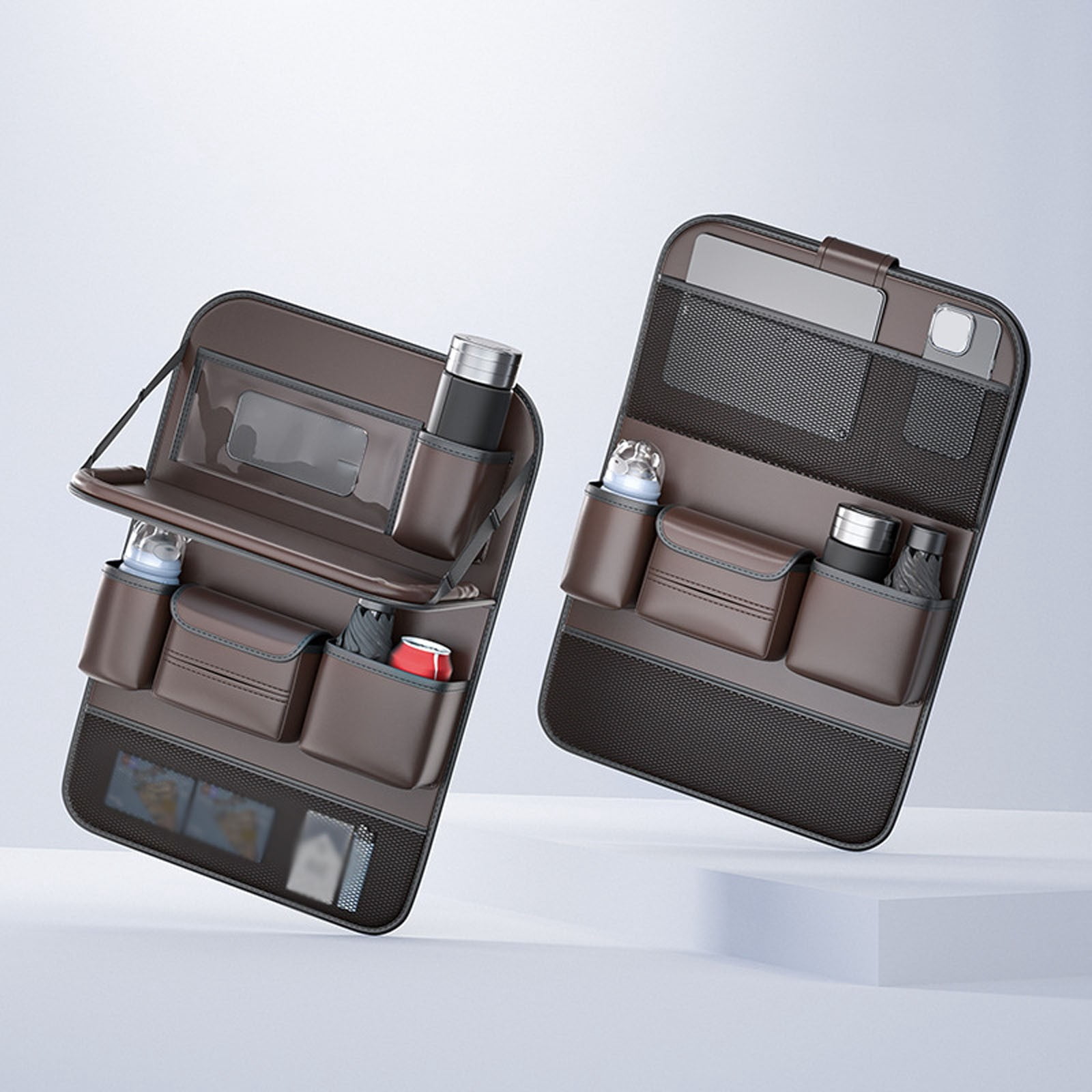 Car Back Seat Organizer with Foldable Tray, PU Leather Backseat Storage Caddy with Tablet Holder Cup Holders, Multifunctional Car Seat Back Protector Kick Mat