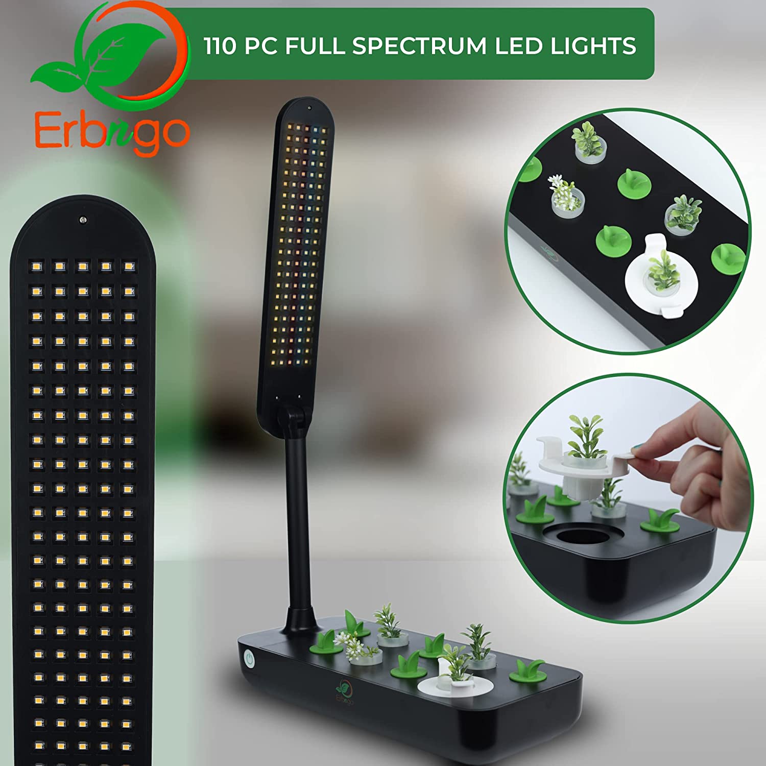 Erbngo Indoor Plant Growing System | Hydroponic Fresh Herb Garden Kit, Easy to Set Up, Extendable LED Full Spectrum Grow Lights for Plants and Photosynthesis, 9 Planting Slots, 3 Set-Up Steps, Black