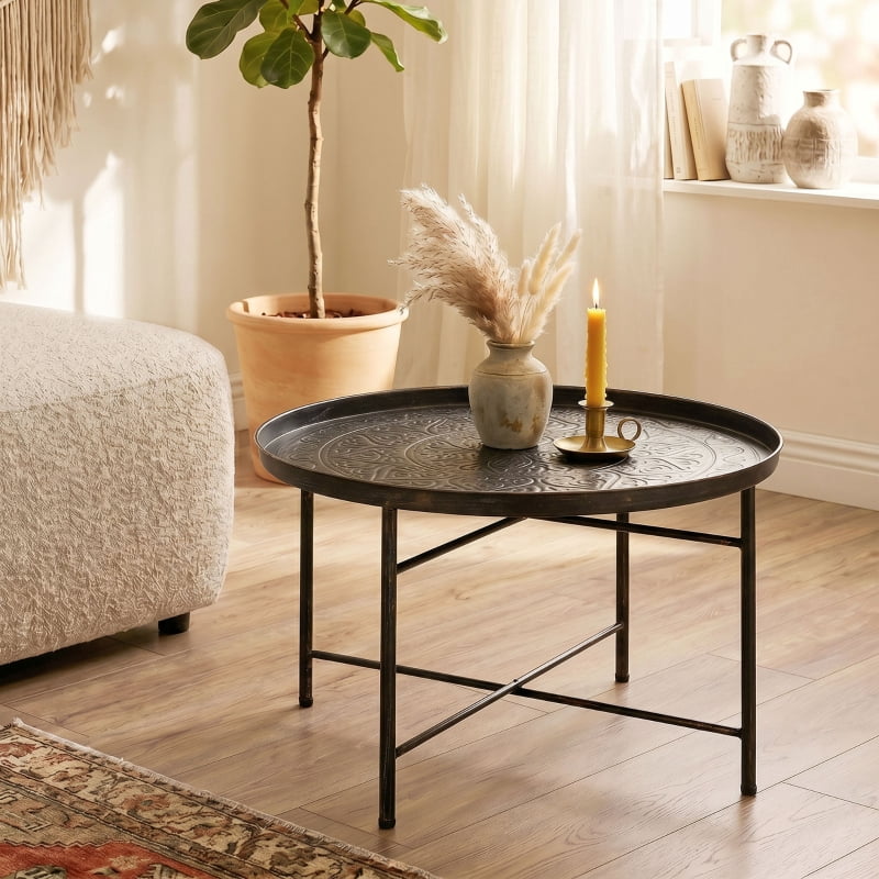 Alvantor Round Coffee Table with Hammered Tray Top & Metal Frame 24"x24"x15.7" Pewter