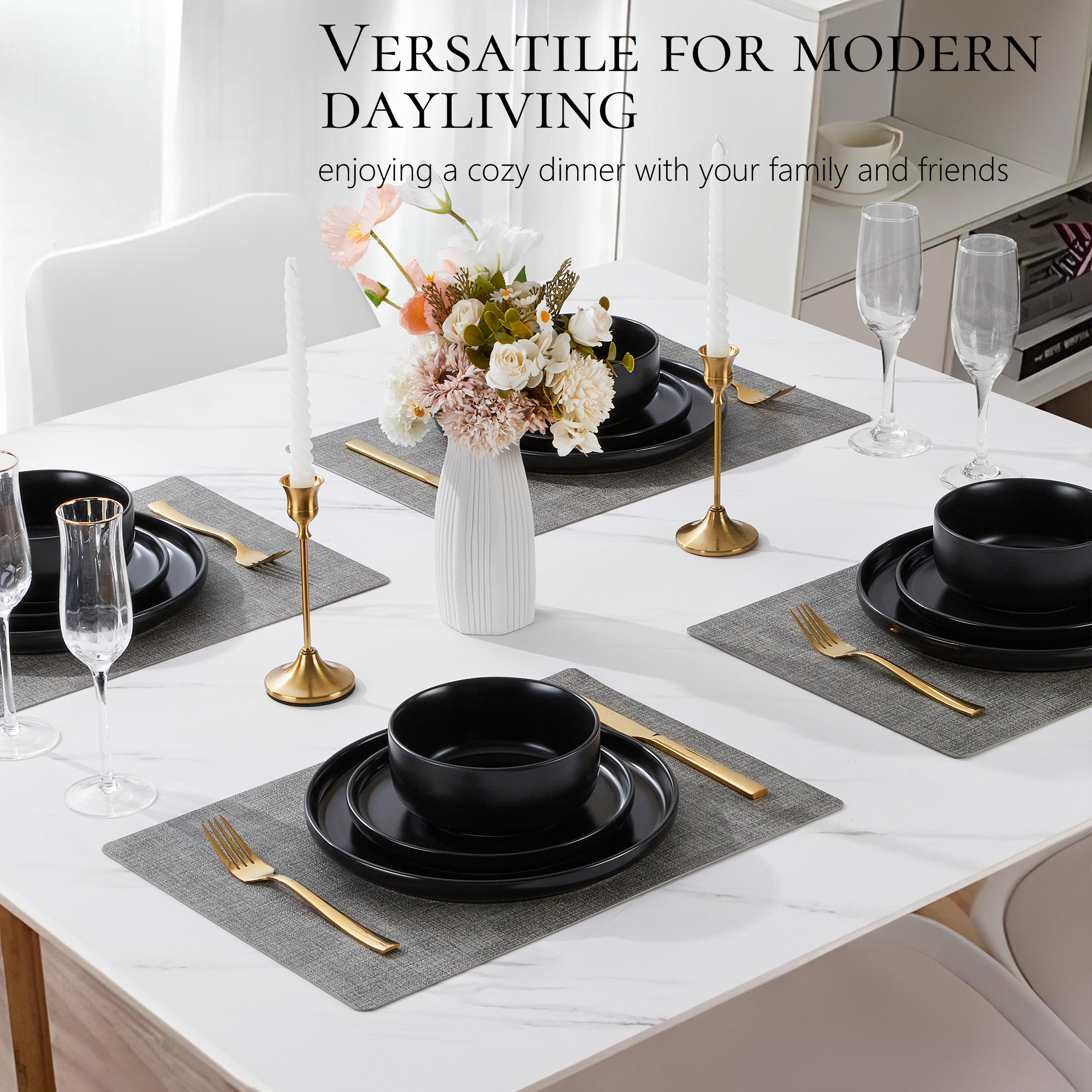 Vesteel Stoneware Dinnerware Set for 4, 12-Piece, Matte Black photo 2