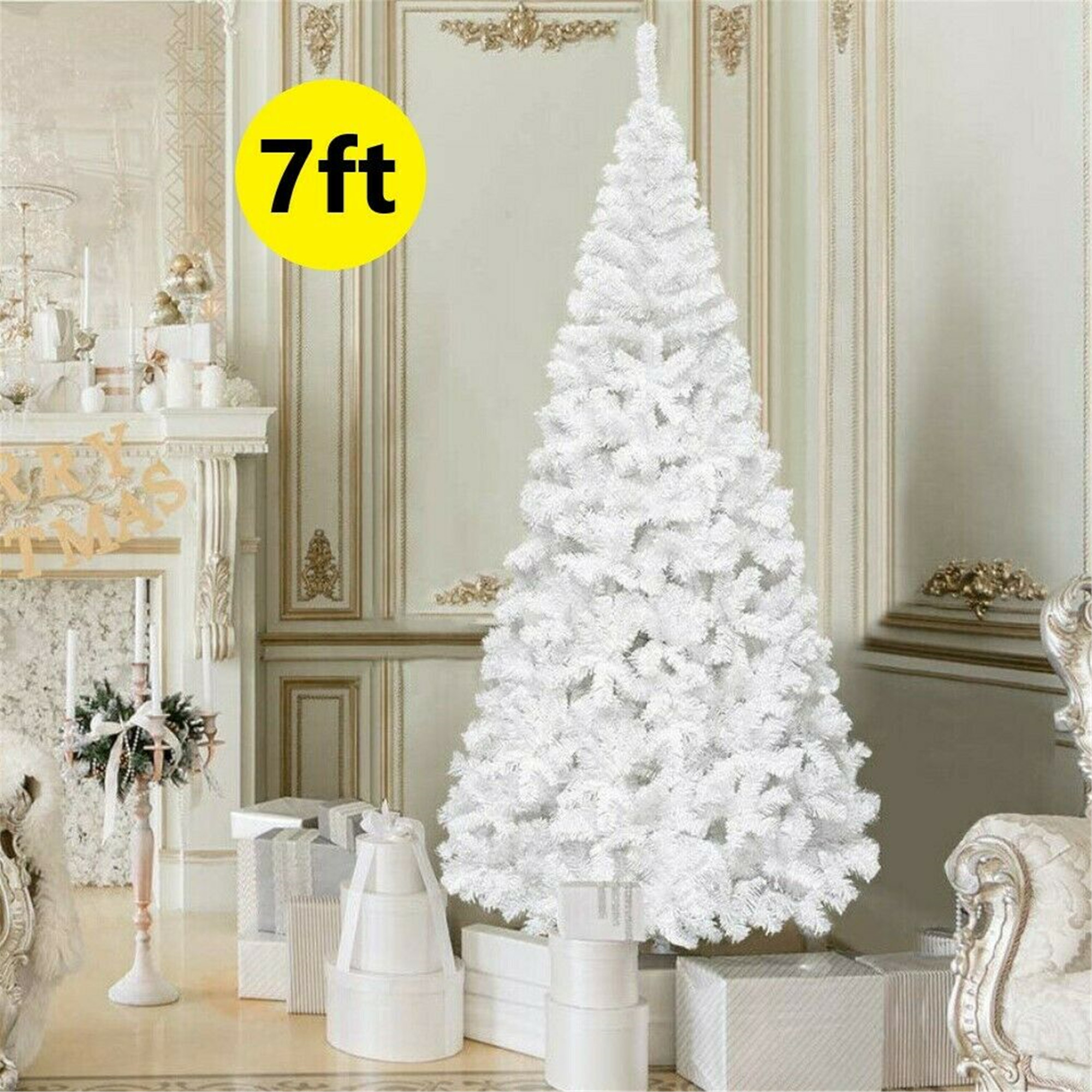 TKOOFN 7ft White Artificial Christmas Tree Metal Stand Bushy Pine Xmas