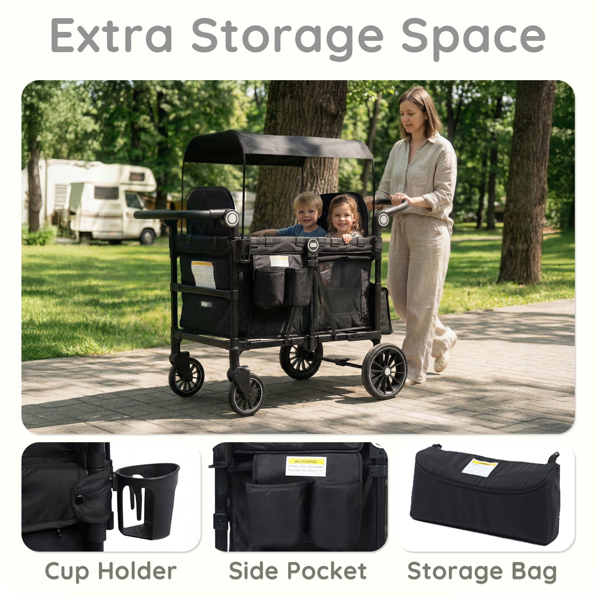 LINLUX Wagon Stroller for 4 Kids, Stroller Wagon 4 Seats w/Adjustable Handle, Detachable Tray, Black