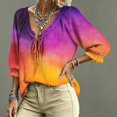 thumbnail image 4 of 3/4 Length Sleeve Womens Tops Lace Up Blouse Women's V-Neck Abstract Geometric Print Ruffle Trim Casual Loose Flowy Dressy Shirts, 4 of 5