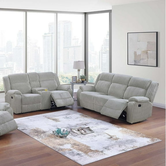 Padded Armrest Manual Motion Sofa Loveseat w Console 2pc Sofa Set Ash Corduroy Upholstery Living Room Furniture