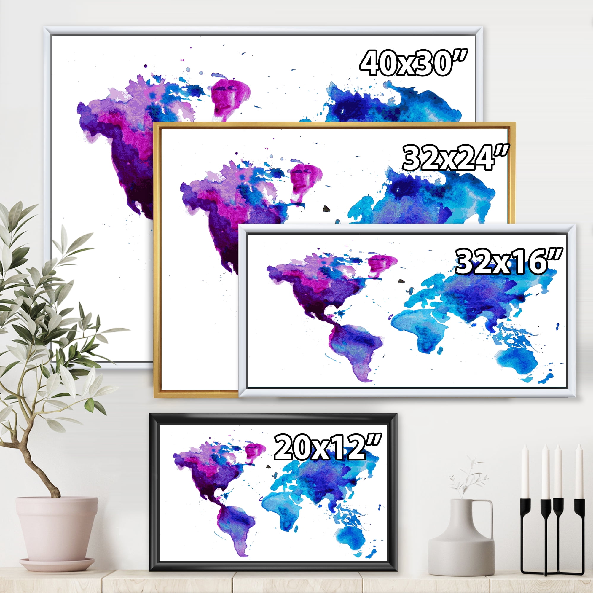 Designart 'Blue and Purple Map Of The World' Modern Framed Canvas Wall Art Print