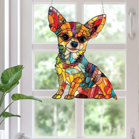 Chihuahua Window Hanging Decor Suncatcher Dog Stained Glass Window Ornament Animal Memorial Gifts Handcrafted Sun Catchers Decor for Indoor Outdoor Garden