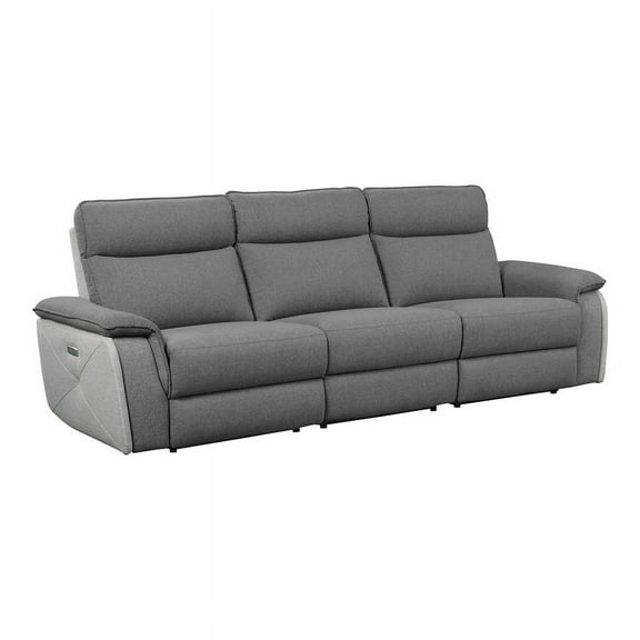 Pemberly Row 110" Fabric Double Reclining Sofa with Headrests in Dark Gray