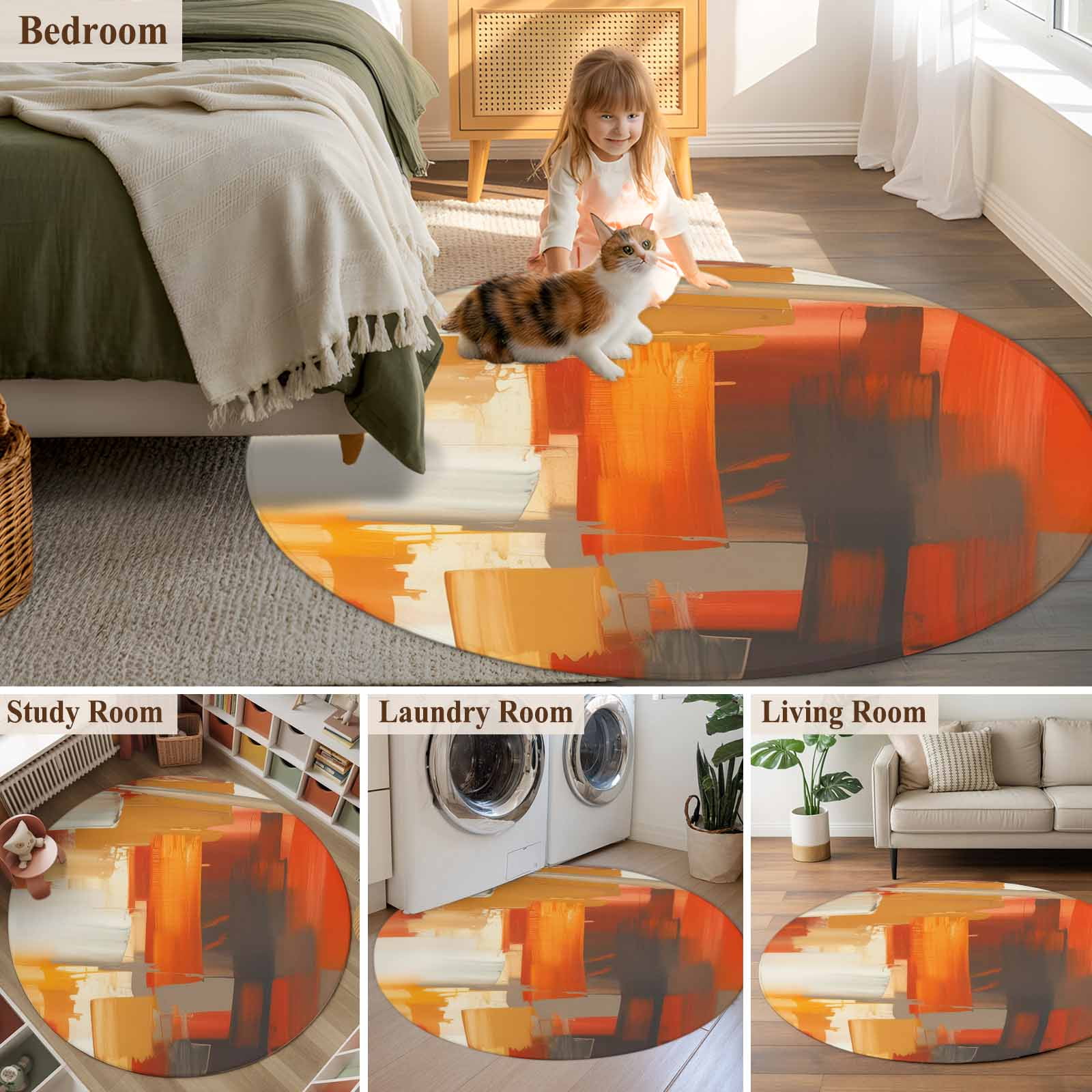 Round Rugs 3.3 Ft, Burnt Orange Brown Non Slip Area Rugs for Kitchen Bedroom Entryway, Farmhouse Ombre Abstract Mottled Art Washable Carpet Runner Rug Floor Mats for Bedroom Home Decor