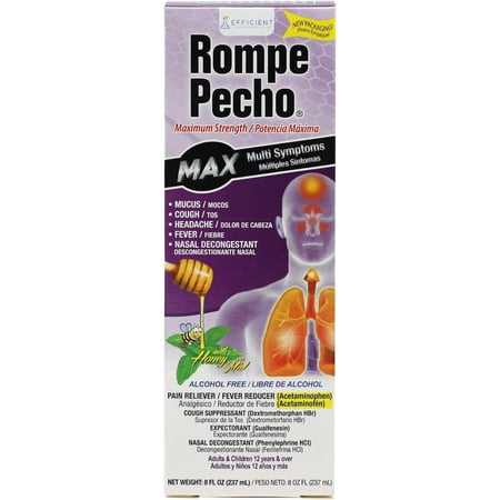Rompe Pecho MAX Multi-Symptom Cold & Flu Relief Syrup, Maximum Strength, Honey Flavor, Alcohol-Free, 8 fl oz