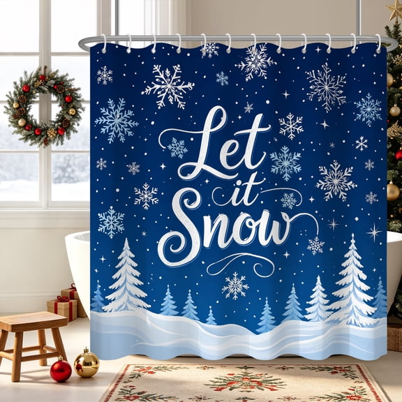 Duangreer Navy Blue Christmas Bathroom Shower Curtain with 12 Hooks, Winter Xmas White Snowflake Waterproof Fabric Curtain, 72x72 inch