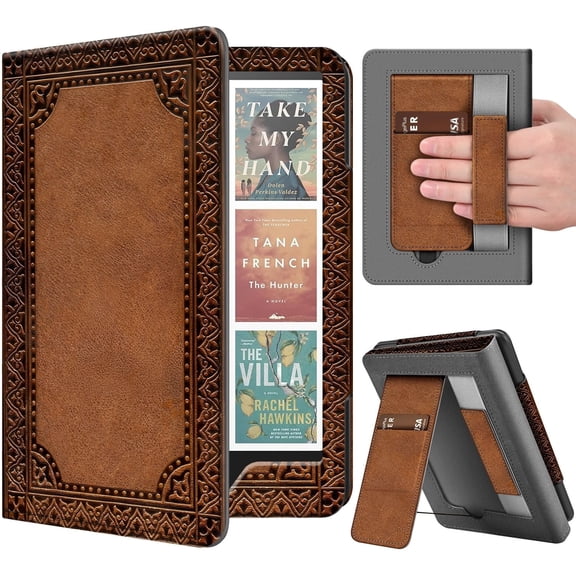 Stand Case for Kindle Paperwhite 12th Generation 2024 / Kindle Colorsoft Signature Edition with Hand Strap & Card Slot - 7" PU Leather Protective Folio Cover with Auto Wake/Sleep, Vintage Brown
