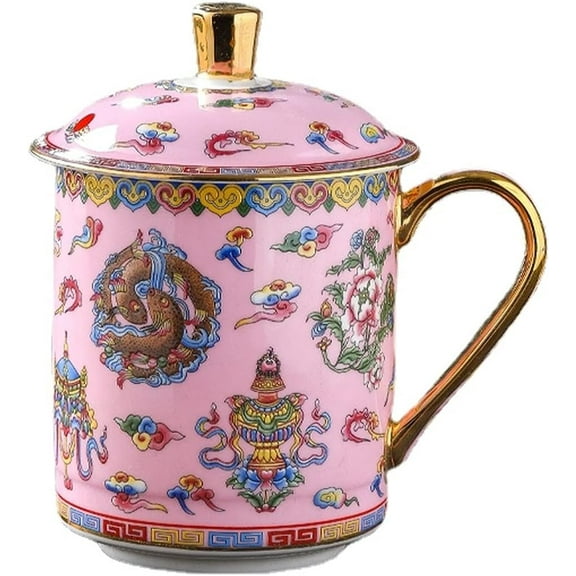 Jingdezhen Chinese Ceramic Household Tea Cup with Lid Bone China Water Cup Enamel Color Cup Office Cup Conference Cup