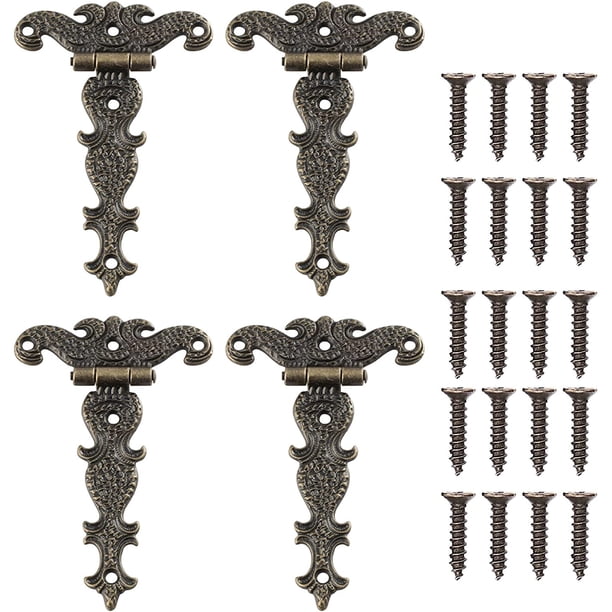 Bisagra retro de 4 piezas, bisagras decorativas de bronce retro con tornillos de montaje, adecuada para reparación de decoración de cajas de herramientas de muebles de gabinete 4.45 * 2.72 pulgadas