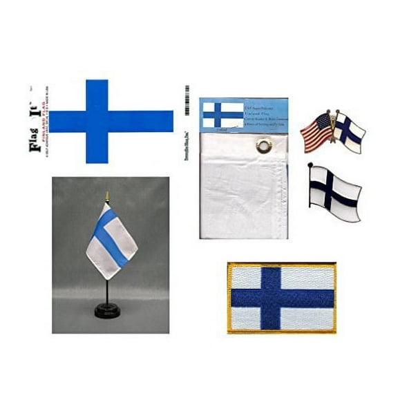 Finland Heritage Flag Pack - Includes a Finn 3x5' Flag, Vinyl Flag Decal, One Single & One Double Friendship Flag Lapel Pin, Miniature Desk Flag with Stand & One Iron-On Flag Patch