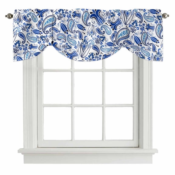 Tie Up Valances for Windows, Boho Blue Floral Adjustable Valance Curtains Window Treatment for Living Room, Farmhouse Botanical Vintage Paisley Flower Rod Pocket Kitchen Curtains & Drapes 42x18 Inch
