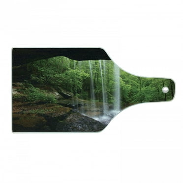 Natural Cave Cutting Board, Still Waterfall in the Forest in Northern Alabama Habitat Ecosystem Scenery, Tempered Glass Cutting and Serving Board, Wine Bottle Shape, Green Brown, by Ambesonne