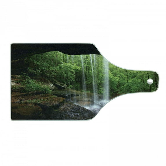 Natural Cave Cutting Board, Still Waterfall in the Forest in Northern Alabama Habitat Ecosystem Scenery, Tempered Glass Cutting and Serving Board, Wine Bottle Shape, Green Brown, by Ambesonne