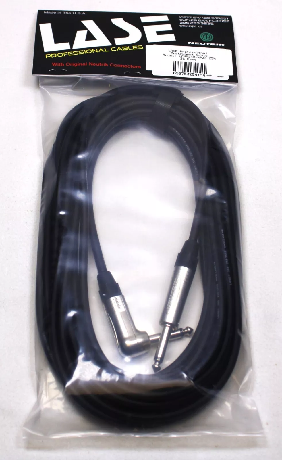 LASE 20 Ft Instrument Cable w/NEUTRIK NP2X & NP2RX 1/4" Right Angle Cable Nickel