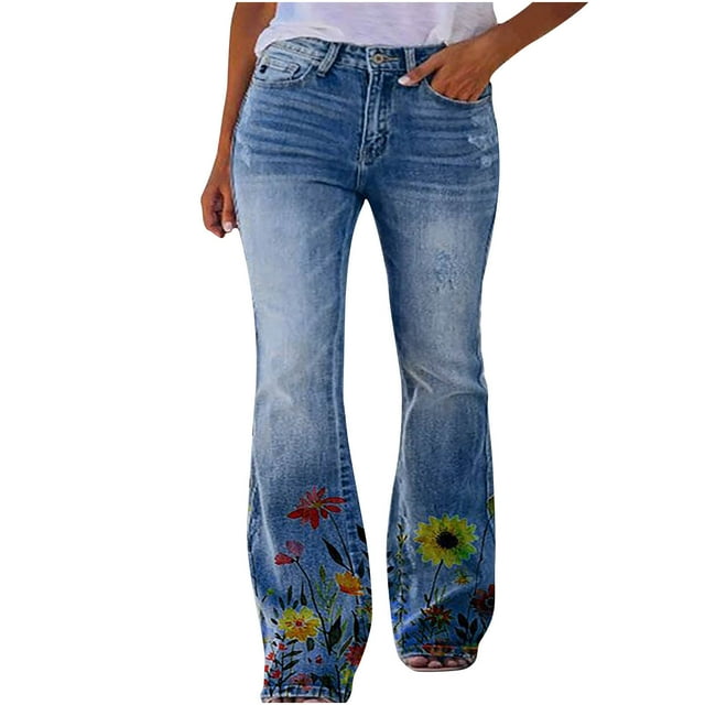 Summer Savings Clearance 2022! Women Mid Waisted Denim Jeans Embroidery Stretch Button Straight Pants Jeans Ladies Embroidered Washed Slim Jeans