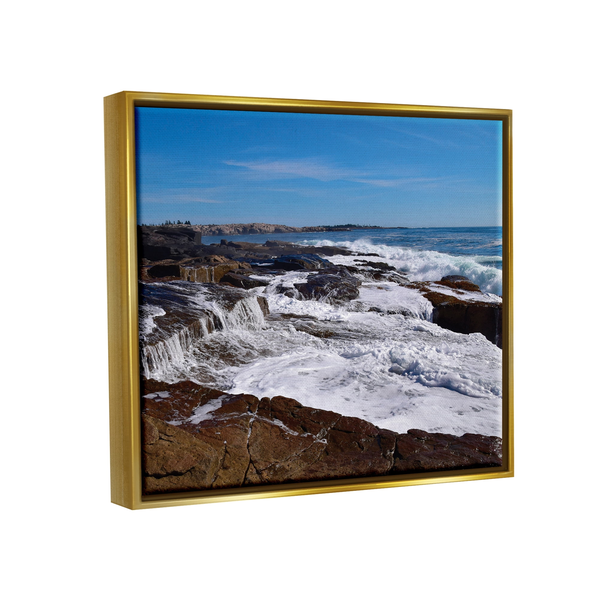 Stupell Industries Ocean Cliff Waterfall Nature Photography Gold Floater Framed Art Print Wall Art, 31 x 25