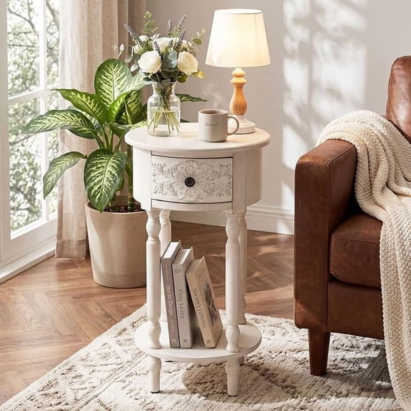 MOALCOFER Nightstand with Drawer, End Table with Open Shelf, Vintage French Carved Accent Side Table for Bedroom Living Room, White