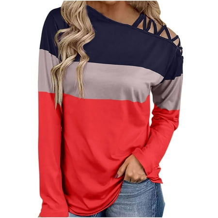 

QIPOPIQ Clearance Sweatshirts for Women Long Sleeves Shoulder Off the shoulder Cross Strap Plaid Color Block Tunic Tops Tunic Tops