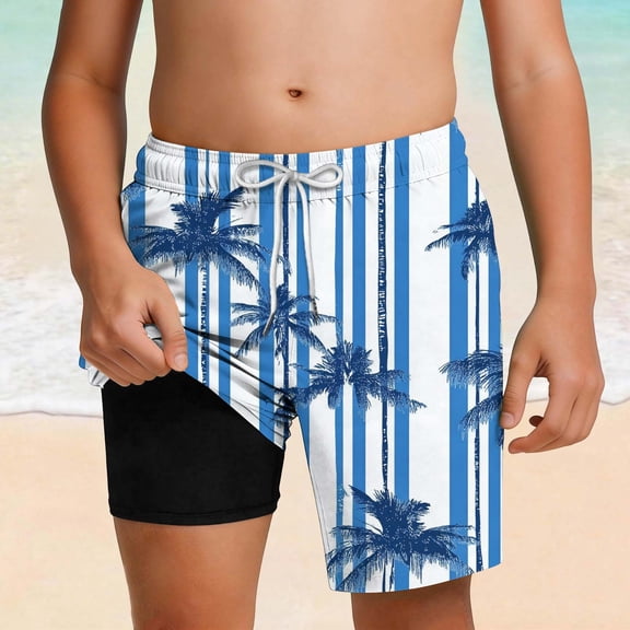 hengsof Boys' Summer Printed Beach Swim Trunks Stylish Double Layered Comfortable Drawstring Elastic Waistband Beach Sports Casual Shorts with Pockets