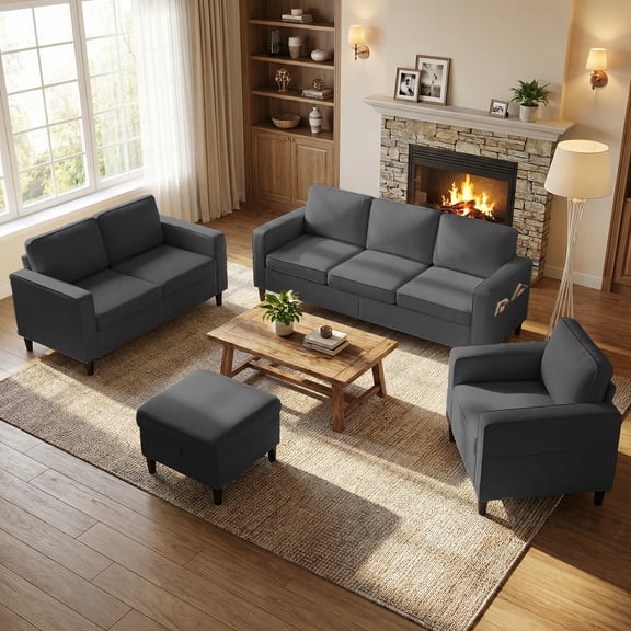 Puremind 3 Piece Living Room Furniture Sets,L Shaped Sectional Sofa Set with Storage Ottoman,Modern Linen Fabric Couch for Apartment,Dark Gray