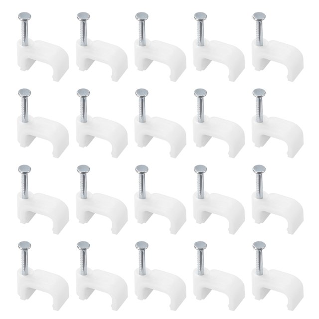 Unique Bargains Cable Clips, 100 Pack 9mm Nail in Cable Clips Circle Cable Clamps Cable Tacks Cord Clips. A grid layout of white nylon cable clips with integrated nails, designed for securing cables to walls, wood, plaster, or brick surfaces. Each clip features a circular design with a 9mm open width and a durable nail for easy installation. Ideal for organizing wires, computer cables, TV cables, and USB cords in home or office settings.