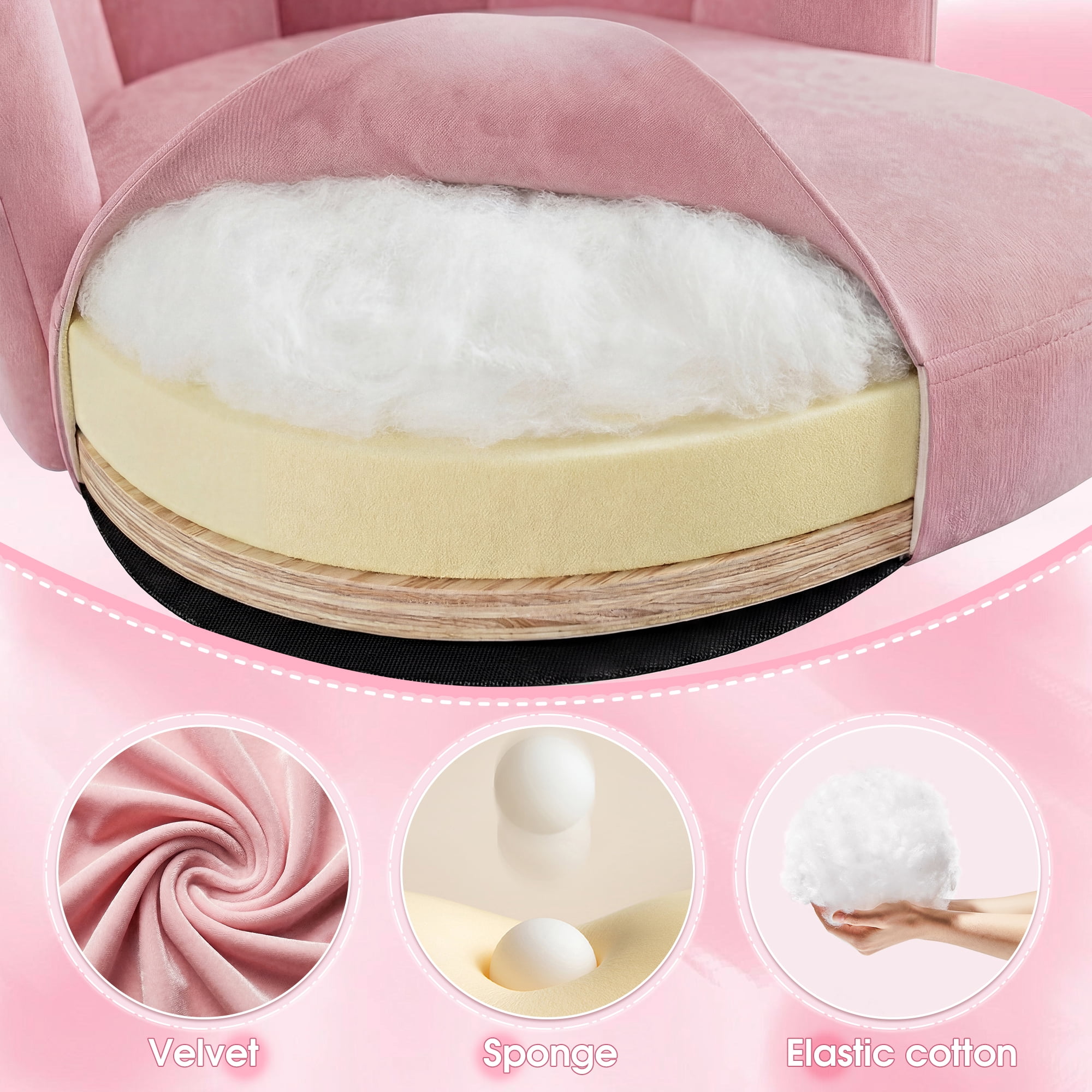 Romorgniz Velvet Vanity Chair with Petal Backrest Height Adjustable Desk Chair with Wheels Seashell Makeup Chair for Bedroom, Pink