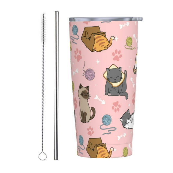 Cute cat 20oz Stainless Steel Tumbler with Lid & Straw - Double-Walled Insulated Travel Mug for Coffee, Tea, Water, Wine - Perfect Gift for Women